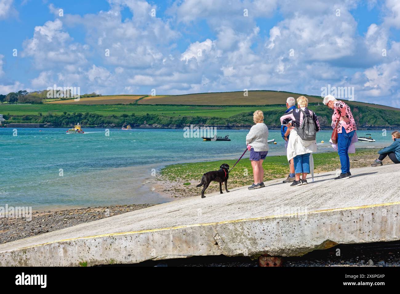 Der Blick über die Flussmündung des Flusses Camel von Rock mit der Passagierfähre, die an einem sonnigen Frühlingstag aus Padstow ankommt, North Cornwall England Großbritannien Stockfoto