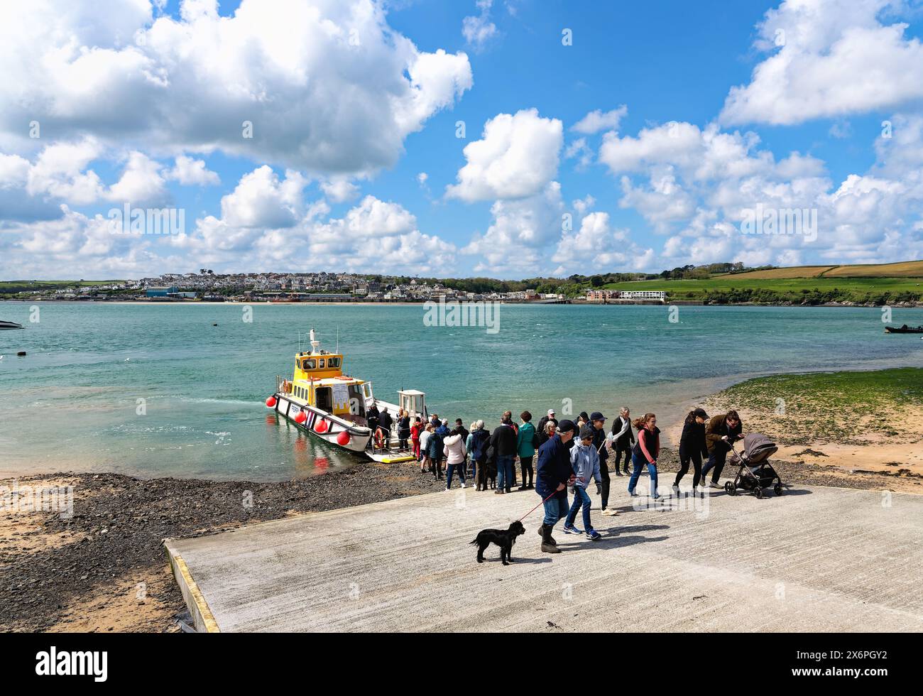 Der Blick über die Flussmündung des Flusses Camel von Rock mit der Passagierfähre, die an einem sonnigen Frühlingstag aus Padstow ankommt, North Cornwall England Großbritannien Stockfoto