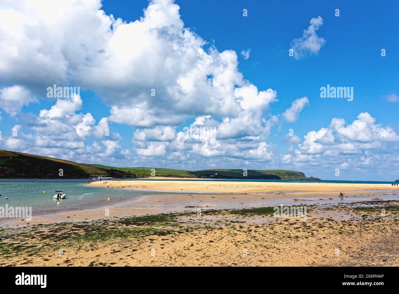 Der Blick über die Flussmündung des Flusses Camel von Rock an einem sonnigen Frühlingstag, North Cornwall England Großbritannien Stockfoto