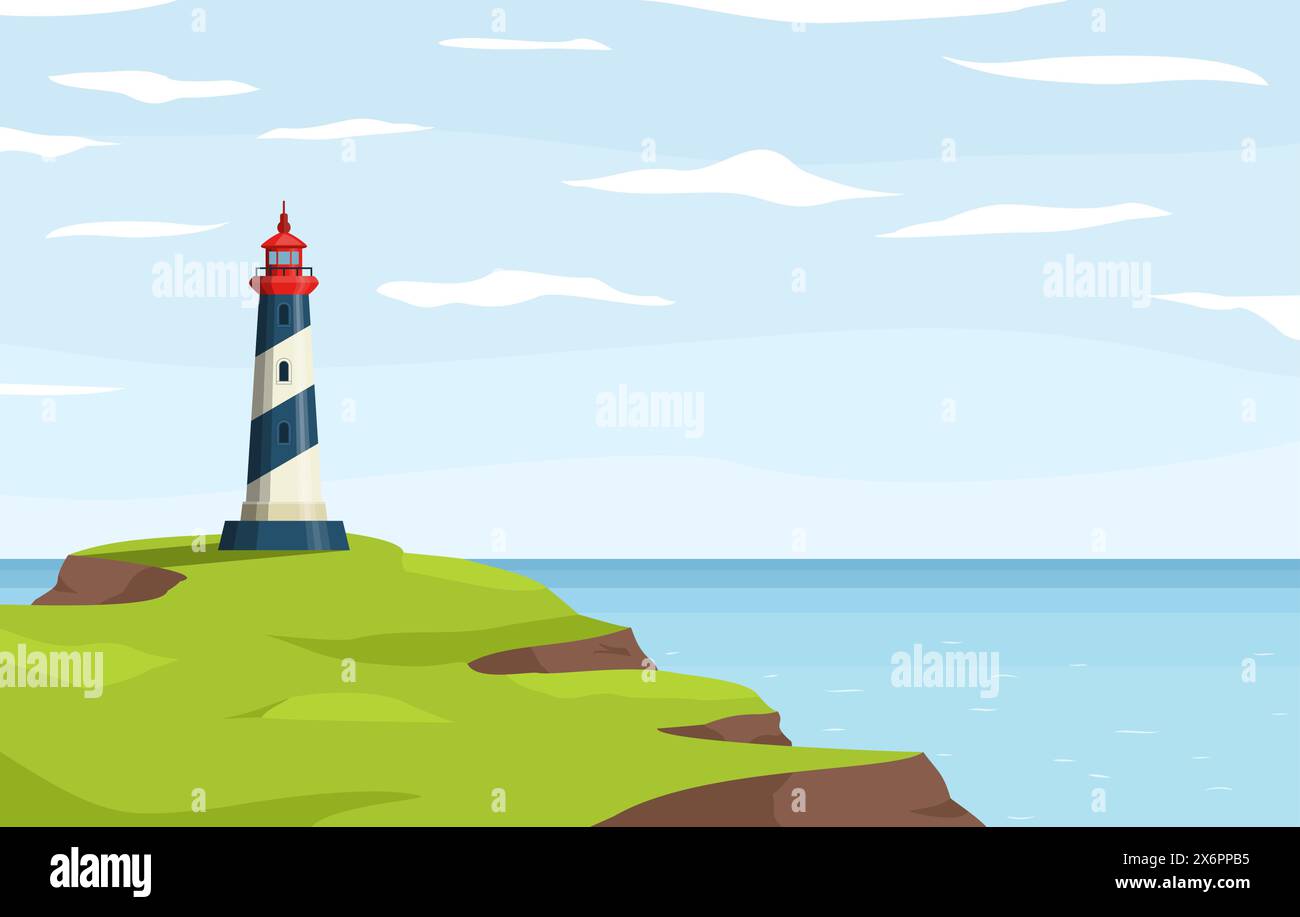 Leuchtturm am Meer. Küste oder Meer Strand Felsen und Leuchtturm Gebäude. Küstenlandschaft mit Leuchtturm. Hoffnungssymbol, Expectati Stock Vektor