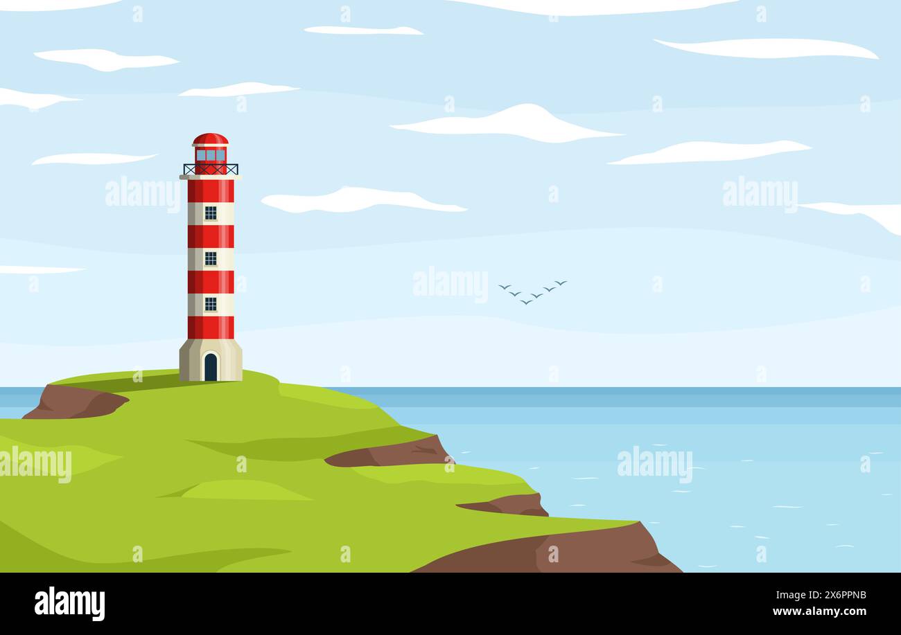 Leuchtturm am Meer. Küste oder Meer Strand Felsen und Leuchtturm Gebäude. Küstenlandschaft mit Leuchtturm. Hoffnungssymbol, Expectati Stock Vektor