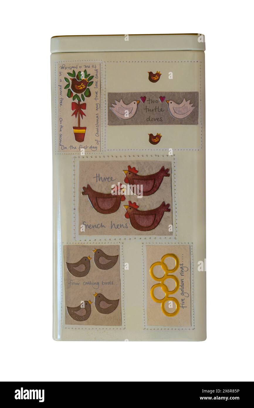 12 Tage Weihnachtsdose mit traditionellen Choc Chip Cookies isoliert auf weißem Hintergrund – für die Tage 6,7.,8, siehe 2 x 6 GDND Tage 9,10,11,12, siehe 2 x 6 GDR2 Stockfoto