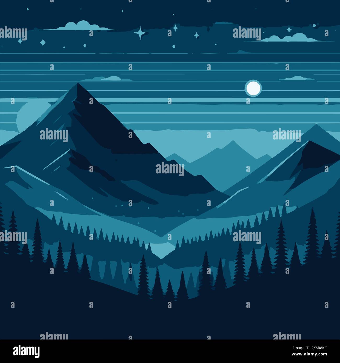 Melancholische Bergnächte - Eine ruhige Silhouette Illustration natürlicher Landschaften Stock Vektor