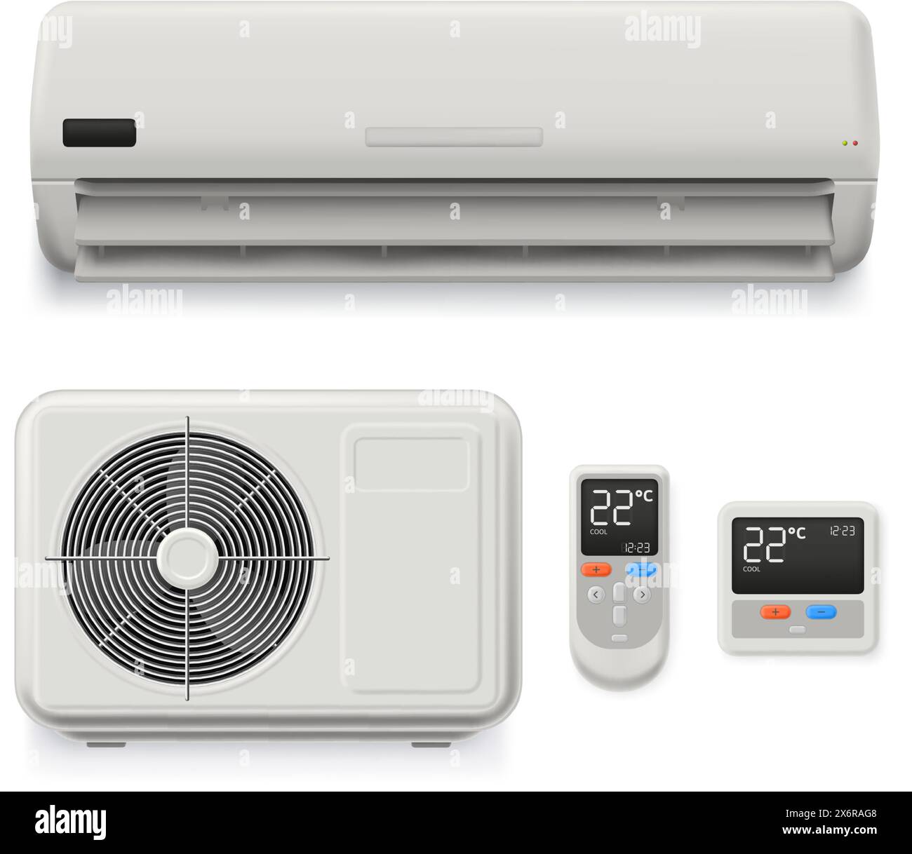 Realistische Klimaanlage mit geteiltem System. Heimkühlgeräte, externe Einheit, Thermostat und Fernbedienung isolierte Vektorgrafik Set Stock Vektor