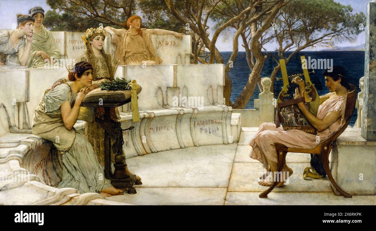 Sappho und Alcaeus des niederländischen Künstlers Sir Lawrence Alma-Tadema (1836–1912) gemalt 1857. Sappho und ihre Gefährten hören, wie der Dichter Alcaeus auf der griechischen Insel Lesbos ein Kithara spielt und Gedichte rezitiert. Quelle: Walters Art Museum / Universal Art Archive Stockfoto