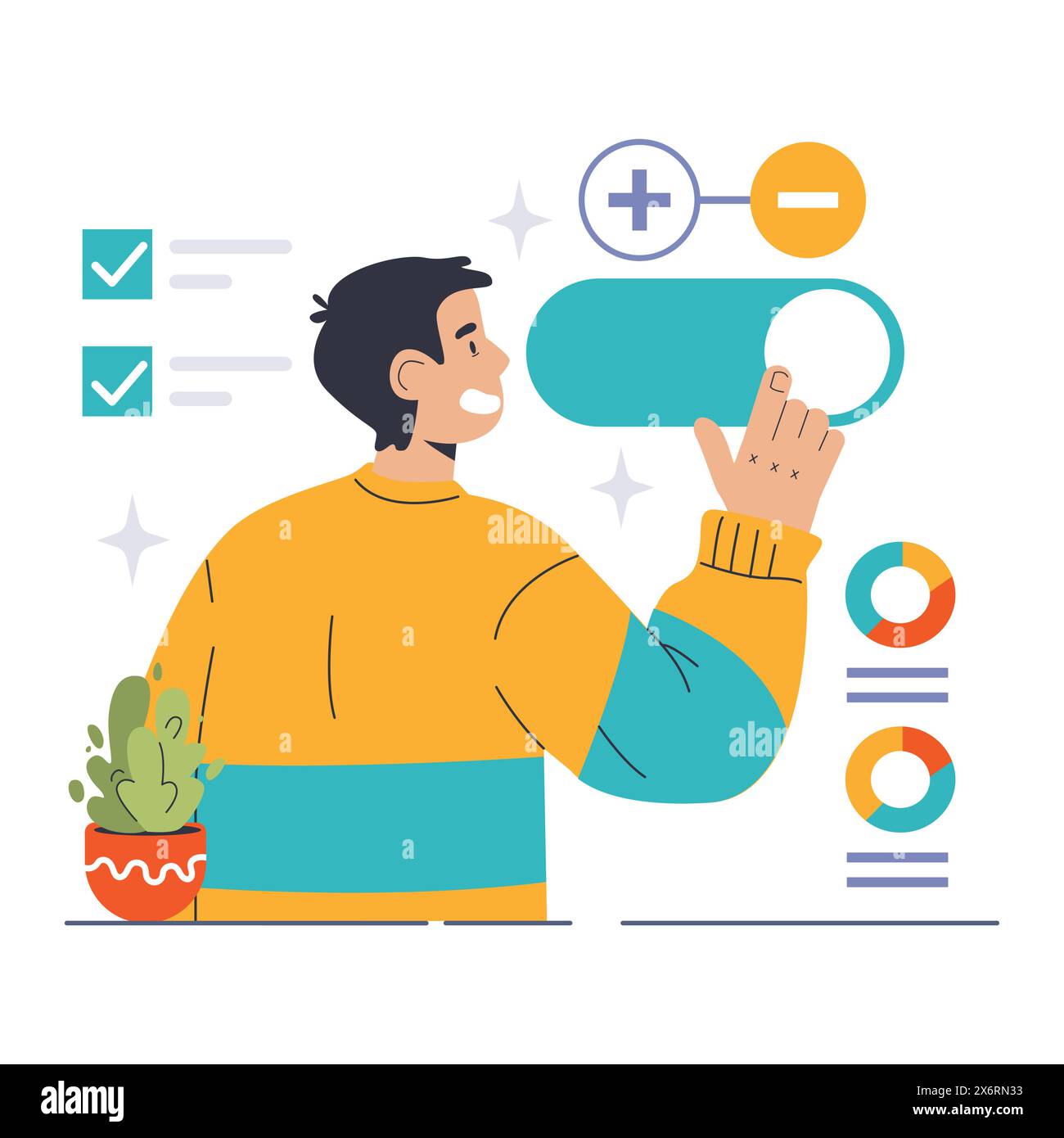 Konzept der Aktivierungsfunktion. Ein begeisterter Mann interagiert mit neuronalen Operationen und wählt Modi aus. Maschinelles Lernen, Neuronen anpassen. Illustration des flachen Vektors Stock Vektor