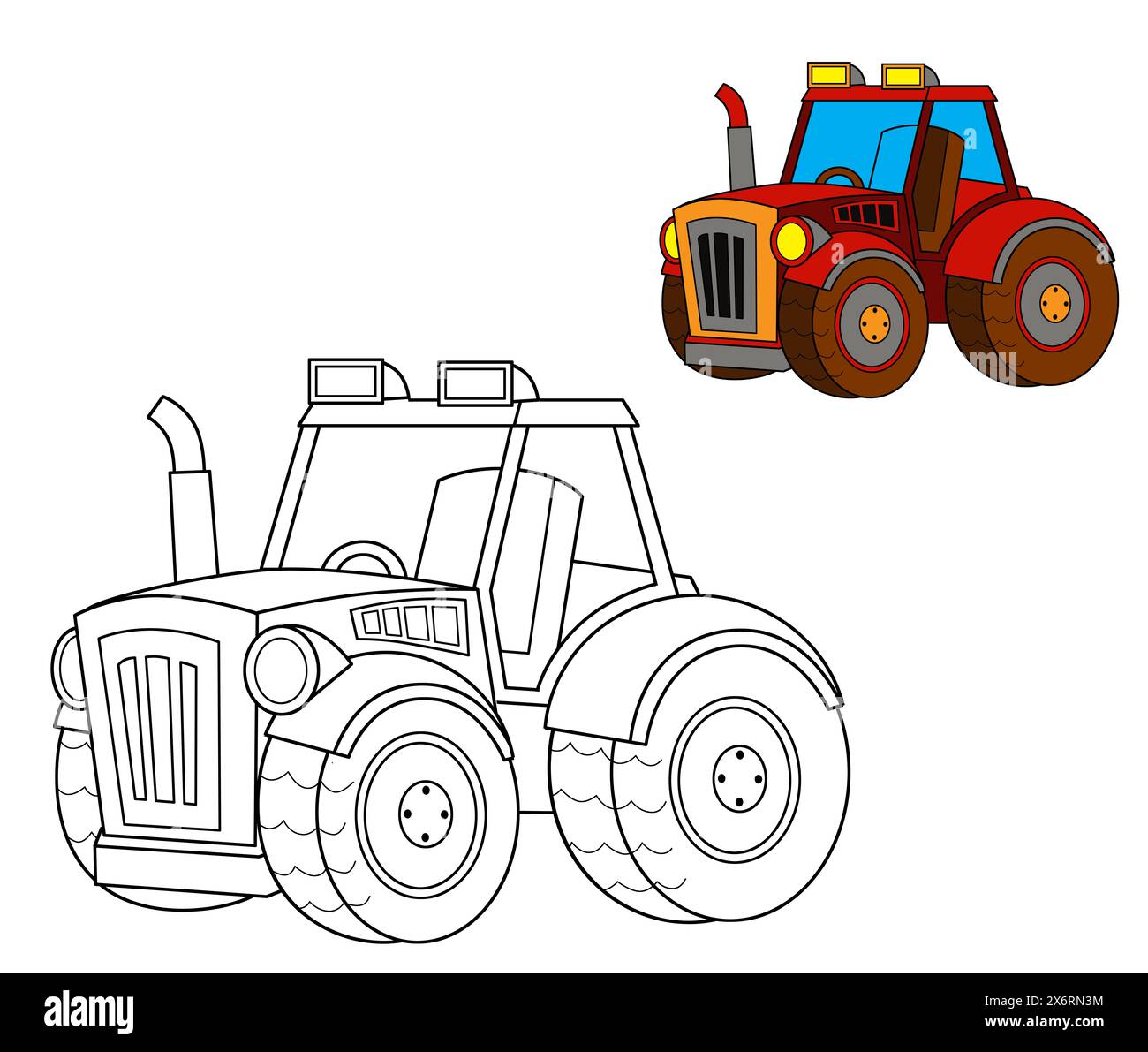 Cartoon Bauernhof Ranch Auto Fahrzeug Traktor isoliert Färbung Seite isoliert Hintergrund Illustration für Kinder Stockfoto