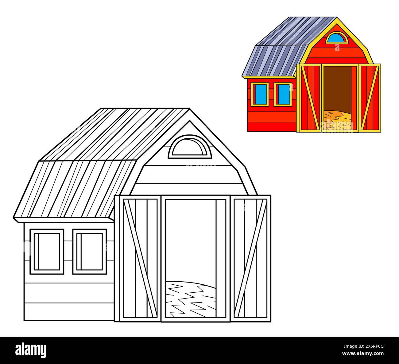 Zeichentrickszene mit Bauernhof-Ranch-Scheune Ausmalseite Zeichnung isolierter Hintergrund mit bunter Vorschauillustration für Kinder Stockfoto