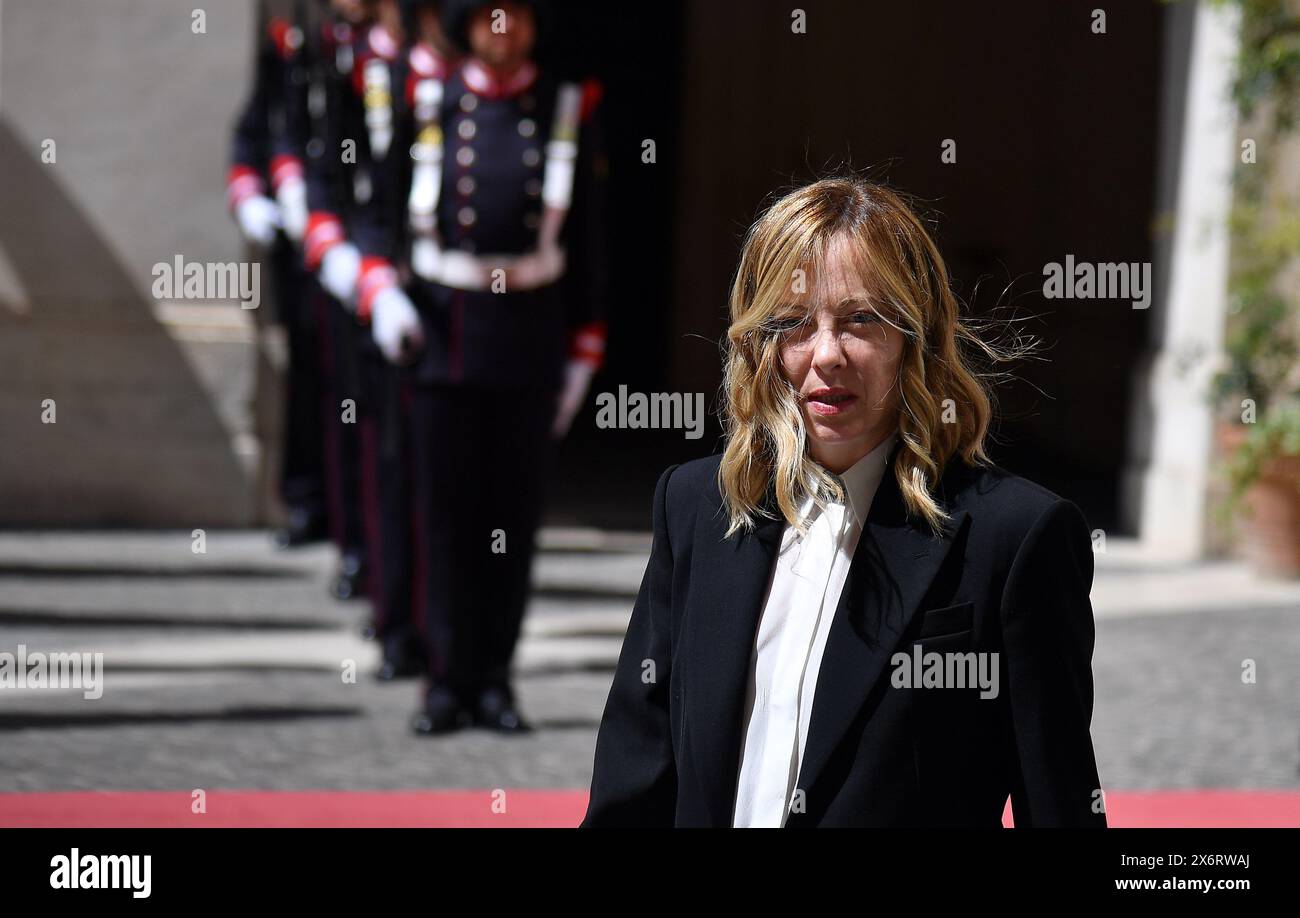 Rom, Italien. Mai 2024. ROM - Rom 05/16/2024 Premierminister Giorgia Meloni empfängt den Präsidenten der Republik Lettland Edgars Rinkevics im Palazzo Chigi Redtorial Usage Only Credit: Independent Photo Agency/Alamy Live News Stockfoto