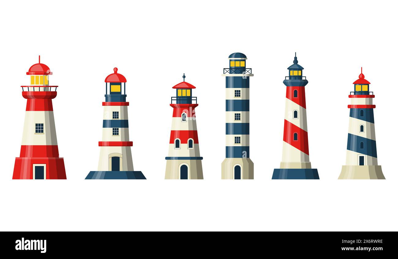 Leuchtturmset mit nautischen Türmen mit Leuchtfeuern. Küste oder Strand Felsen und Leuchtturmgebäude Ikonen mit blauen, roten, weißen Streifen und Stock Vektor