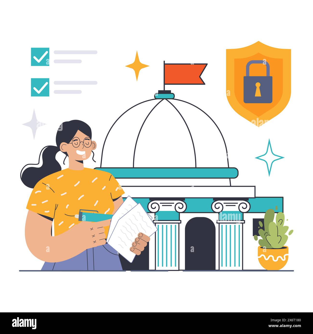 Governance in Action-Konzept. Junge Berufstätige außerhalb der Einrichtung, die Sicherheit und Richtlinien priorisieren. Strukturierte Entscheidungsfindung, Schutz von Daten. Transparente Prozesse. Illustration des flachen Vektors Stock Vektor