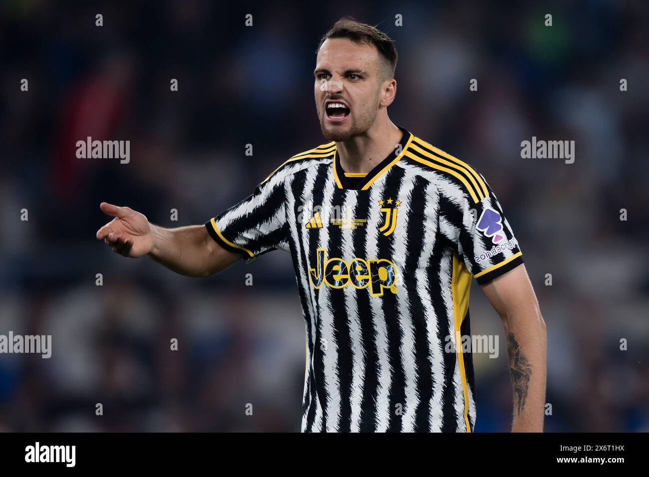 Rom, Italien. 15. Mai 2024. Federico Gatti von Juventus FC reagiert auf das Finale der Coppa Italia Atalanta BC und Juventus FC. Quelle: Nicolò Campo/Alamy Live News Stockfoto