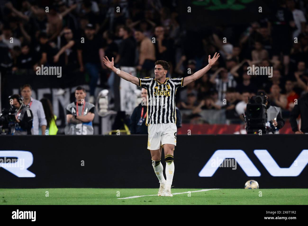 Rom, Italien. 15. Mai 2024. Dusan Vlahovic von Juventus FC reagiert auf das Finale der Coppa Italia Atalanta BC und Juventus FC. Quelle: Nicolò Campo/Alamy Live News Stockfoto