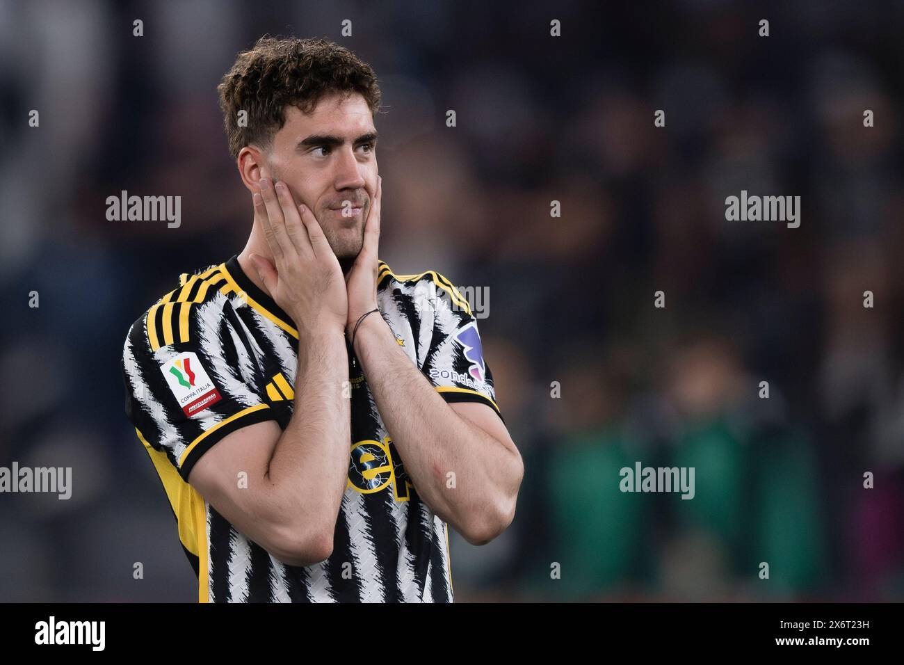 Rom, Italien. 15. Mai 2024. Dusan Vlahovic von Juventus FC reagiert auf das Finale der Coppa Italia Atalanta BC und Juventus FC. Quelle: Nicolò Campo/Alamy Live News Stockfoto