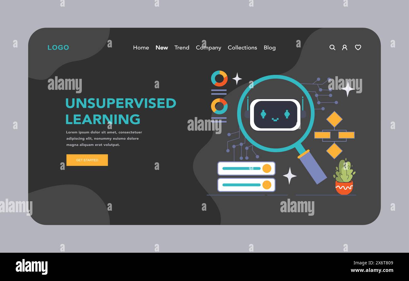 Konzept des unbeaufsichtigten Lernens. Die Untersuchung von Mustern und Strukturen in Daten durch Algorithmen, dargestellt durch einen rätselhaften Roboter unter einer Lupe. Illustration des flachen Vektors Stock Vektor