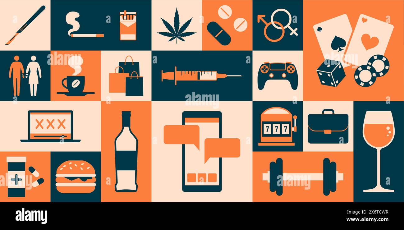 Substanz- und Verhaltenssucht-Banner mit Ikonen, Konzept psychische Störungen Stock Vektor
