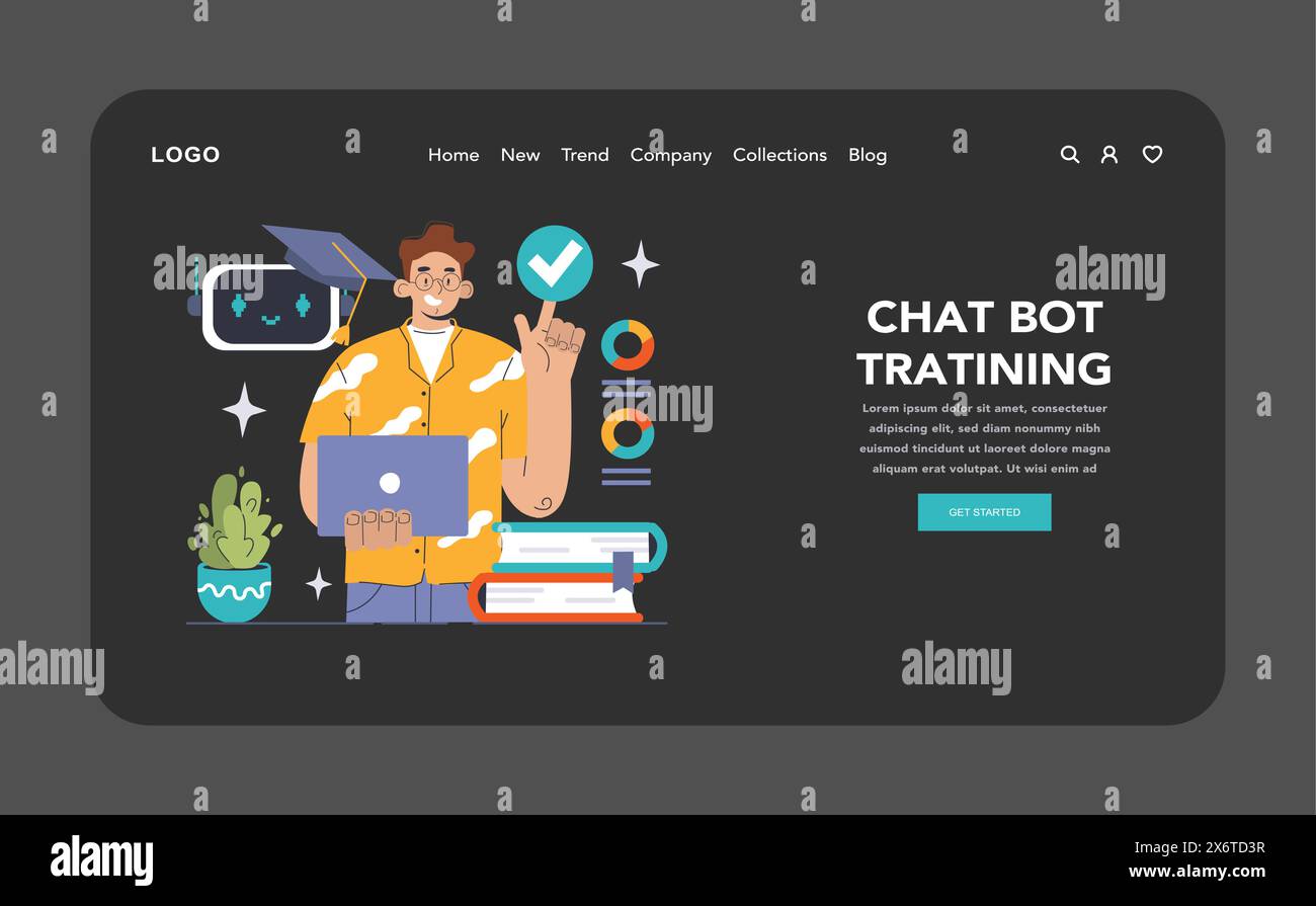 Chat Bot Training im Dunkeln- oder Nachtmodus Web, landet. Der Programmierer optimiert einen Chatbot und zeigt das Engagement für KI-Exzellenz. Fortschritt, Wissen und praktisches Fachwissen. Illustration des flachen Vektors Stock Vektor