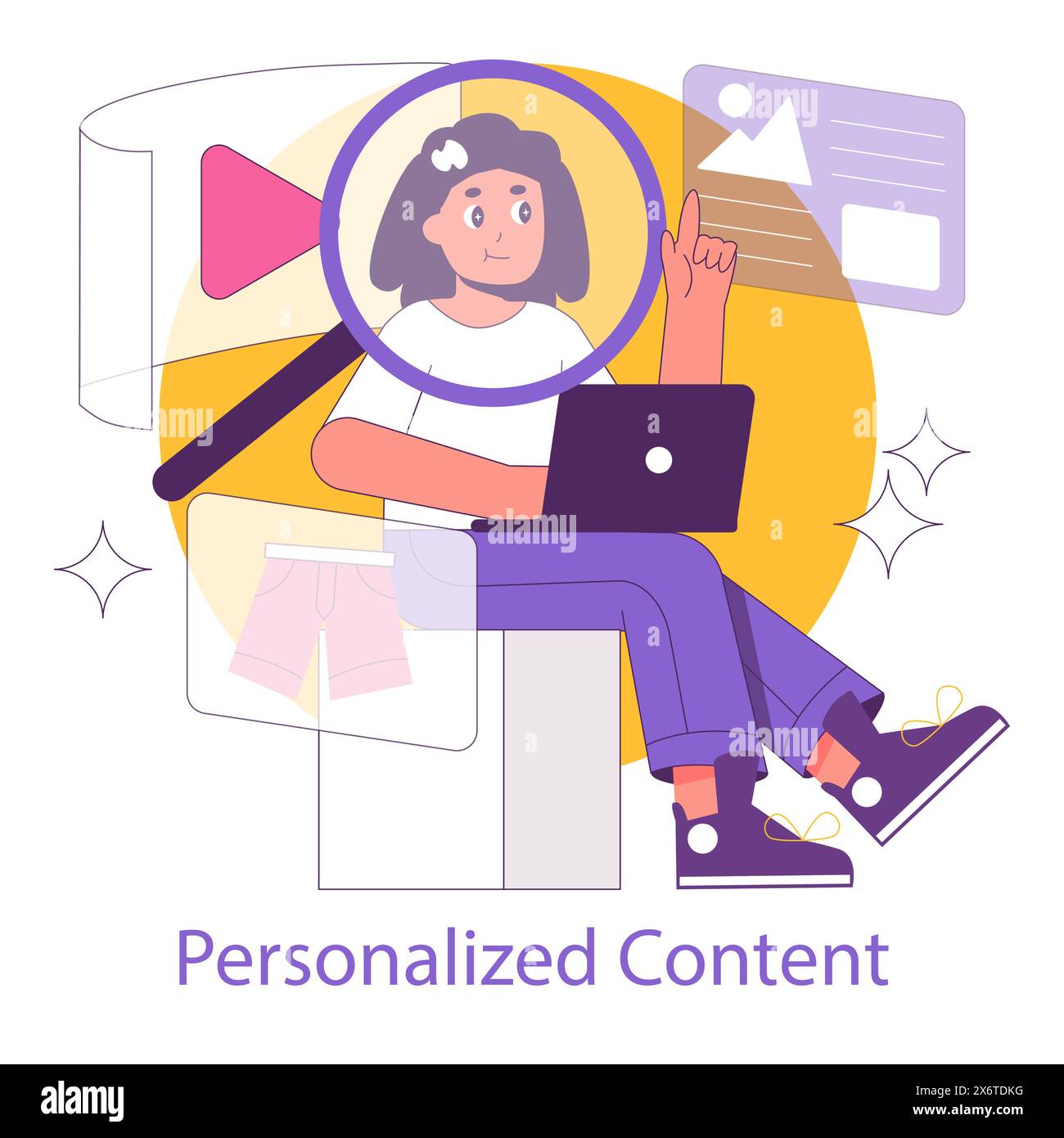 Phygital-Konzept. Integration von digitalem und physischem Marketing. Benutzer, der mit personalisierten Online-Inhalten auf einem Laptop interagiert. Vektorabbildung. Stock Vektor