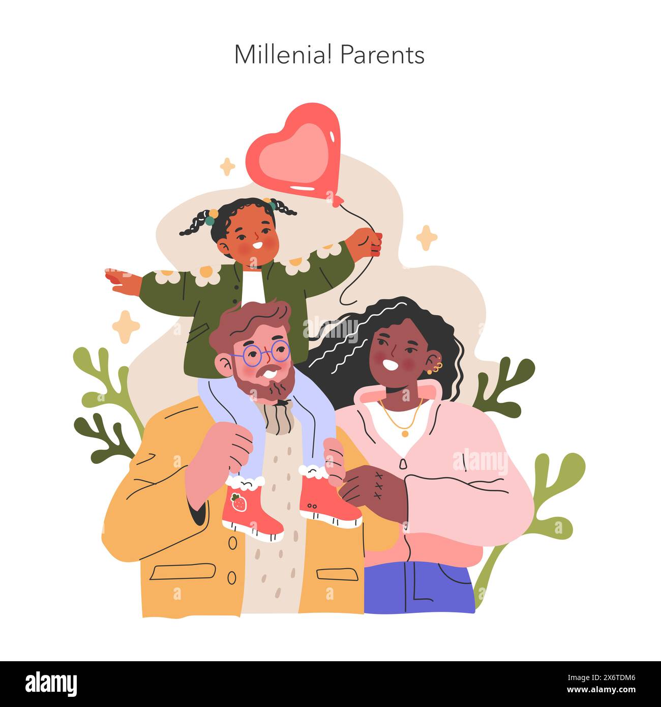 Illustration der Millennials Eltern. Fängt einen herzerwärmenden Moment mit einem Kind und seinen fröhlichen Eltern ein und symbolisiert Liebe und Familienbande. Vektorabbildung. Stock Vektor