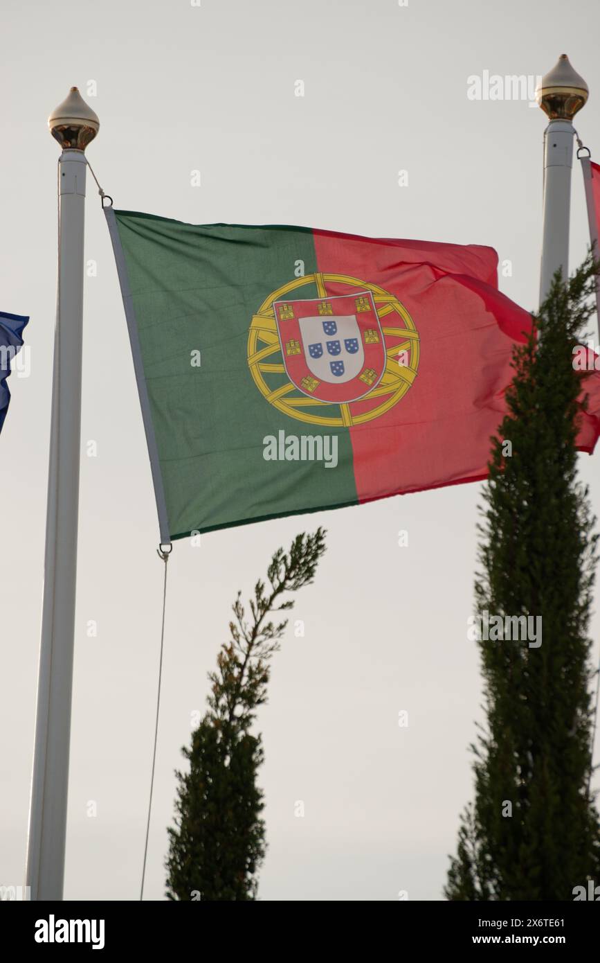 Die Flagge Portugals flattert in einer leichten Brise. Stockfoto
