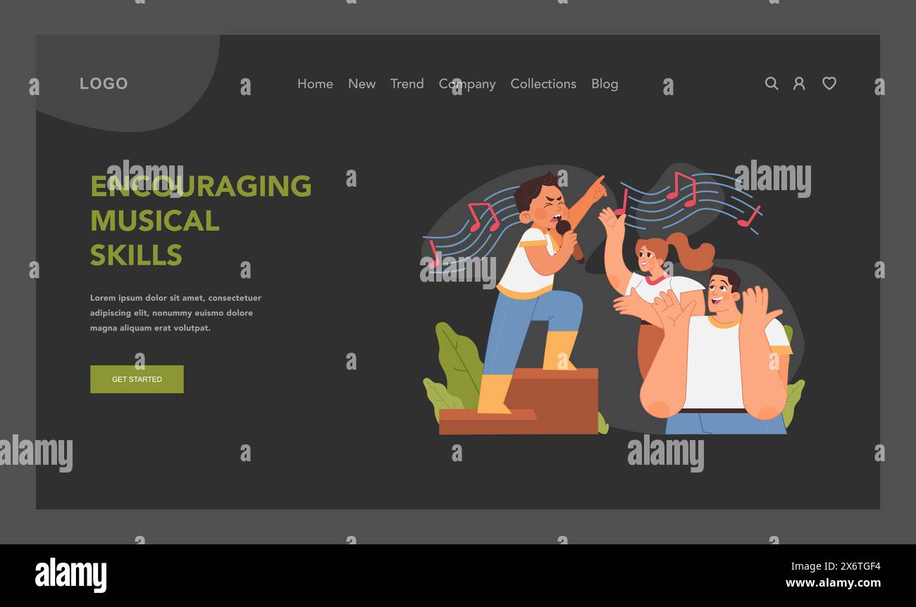 Musikalisches Entwicklungskonzept. Kinder begeisterte Auftritte und fröhliche Unterstützung der Familie, fördern musikalische Talente. Künstlerischer Selbstausdruck von Kindern. Illustration des flachen Vektors. Stock Vektor