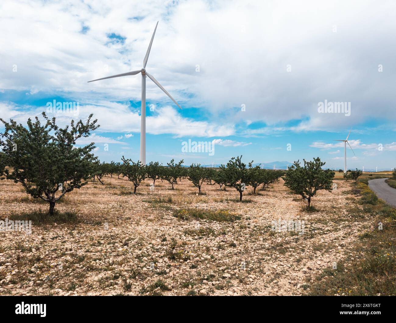 Windkraftanlagen für die elektrische Energieerzeugung, Provinz Zaragoza, Aragon in Spanien. Stockfoto