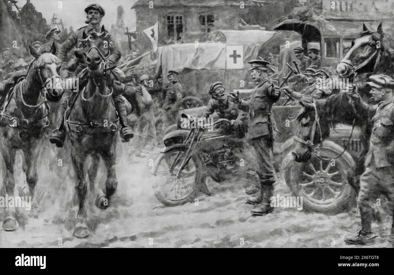 Eine Abbildung zeigt einen französischen Polizisten, der während des Ersten Weltkriegs noch die Straßenregeln einhält. Der Offizier wird gezeigt, wie er den Verkehr in einem vom Krieg zerrütteten Dorf leitet und den Fluss zwischen den Militärreserven und der Schusslinie verwaltet. Wagen, Autos, Krankenwagen und medizinisches Personal werden in der chaotischen Szene gesehen. Dieses Bild unterstreicht die Widerstandsfähigkeit und das Engagement für die Aufrechterhaltung der Ordnung und die Gewährleistung des sicheren Durchgangs kritischer Ressourcen und Mitarbeiter trotz der Zerstörung in der Umgebung. Stockfoto