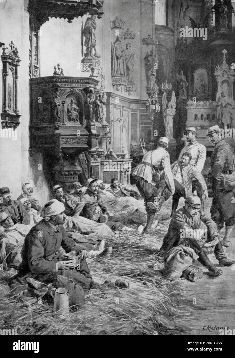 Ein Foto, das verwundete Soldaten von beiden Seiten zeigt, die während des Ersten Weltkriegs um 1915 in einer französischen Kirche Zuflucht suchten. Die Arbeiter des französischen Roten Kreuzes neigen dazu, „Kameraden und Feinde“ auf Strohhaufen zu bedecken. Diese Szene veranschaulicht die humanitären Bemühungen um medizinische Versorgung unabhängig von der Nationalität und unterstreicht die entscheidende Rolle des Roten Kreuzes bei der Linderung des Leidens während der Verwüstung des Krieges. Stockfoto