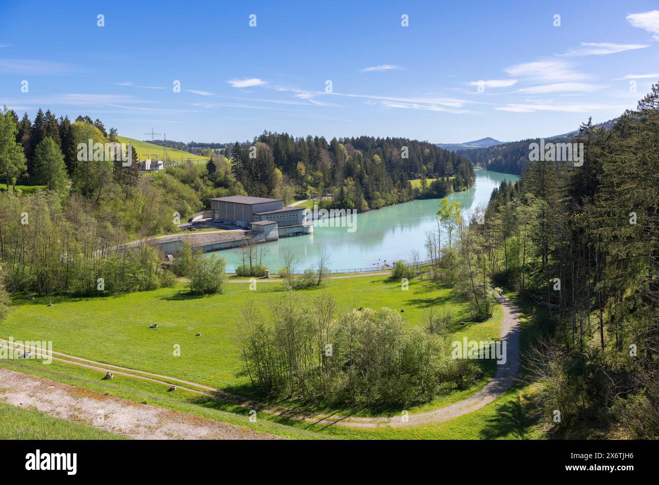 Kraftwerk am Forggensee, Lech-Stauwerk, Lech, Kopfreservoir, Hochwasserschutz, Hochwasserregulierung, Energieerzeugung, Energiespeicherung, Rosshaupten Stockfoto