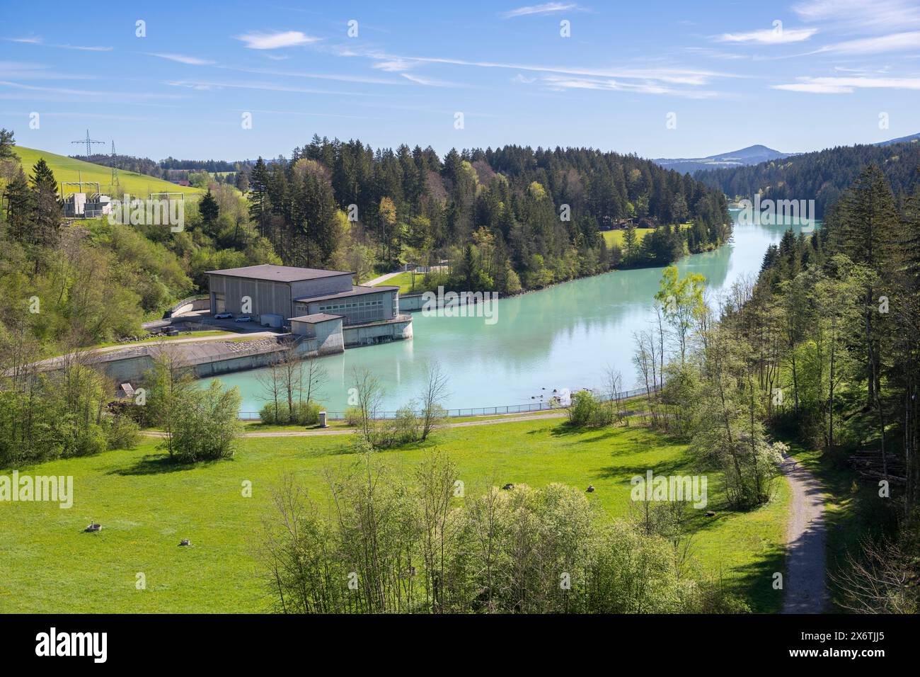 Kraftwerk am Forggensee, Lech-Stauwerk, Lech, Kopfreservoir, Hochwasserschutz, Hochwasserregulierung, Energieerzeugung, Energiespeicherung, Rosshaupten Stockfoto