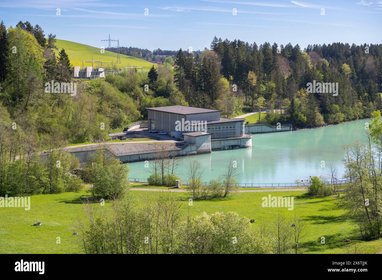 Kraftwerk am Forggensee, Lech-Stauwerk, Lech, Kopfreservoir, Hochwasserschutz, Hochwasserregulierung, Energieerzeugung, Energiespeicherung, Rosshaupten Stockfoto