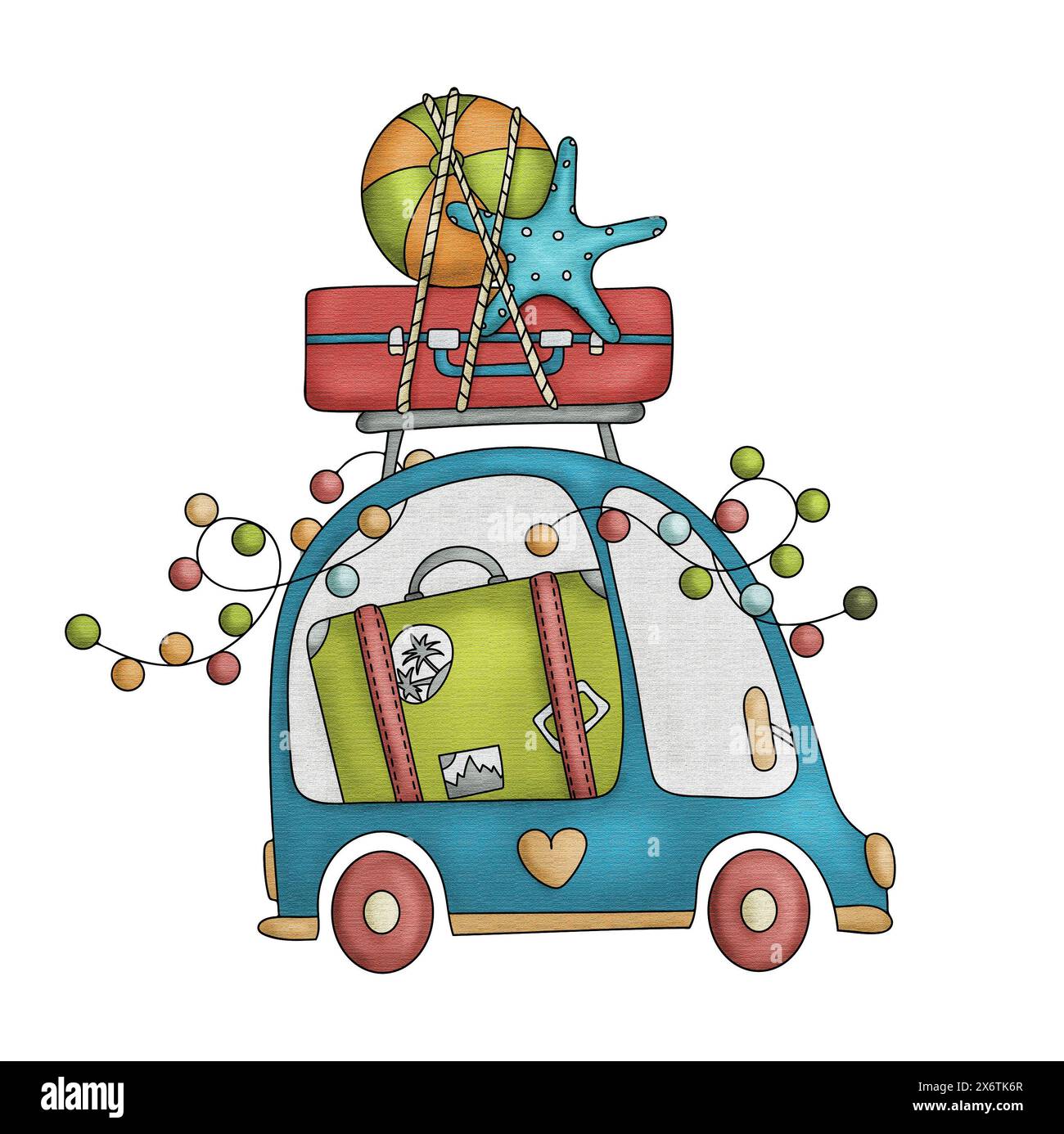 Auto Mit Koffer Und Ball Auf Dem Dach Steht Für Urlaubskonzept Stockfoto