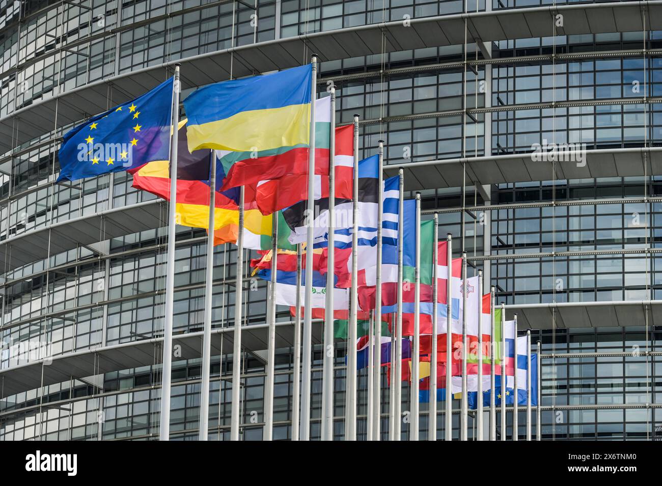 Flags, Europäisches Parlament, 1 Alle. Du Printemps, Straßburg, Departement Bas-Rhin, Frankreich Stockfoto