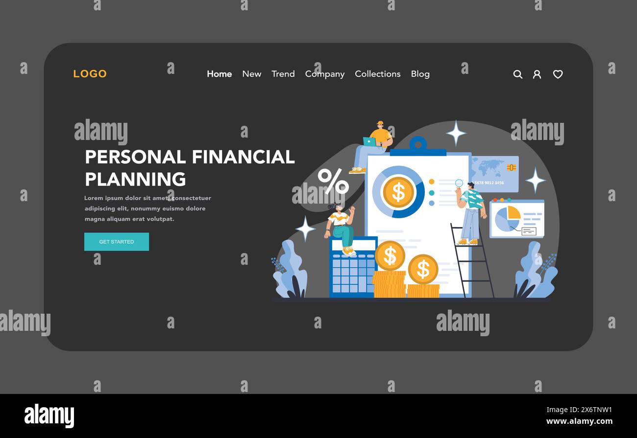 Personal Financial Planning Web oder Landing-Page im Nacht- oder Dunkelmodus. Navigation in der Vermögensverwaltung mit strategischen Einsparungen und Investitionen. Kundenspezifische Finanzberatung für zukünftige Sicherheit. Stock Vektor Personal Financial Planning Web oder Landing-Page im Nacht- oder Dunkelmodus. Navigation in der Vermögensverwaltung mit strategischen Einsparungen und Investitionen. Kundenspezifische Finanzberatung für zukünftige Sicherheit. Stock Vektor
