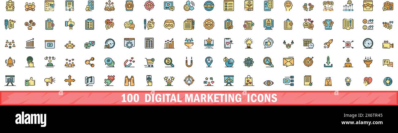 100 Symbole für digitales Marketing. Farblinie Satz von Symbolen für digitale Marketingvektoren dünne Linie Farbe flach auf weiß Stock Vektor
