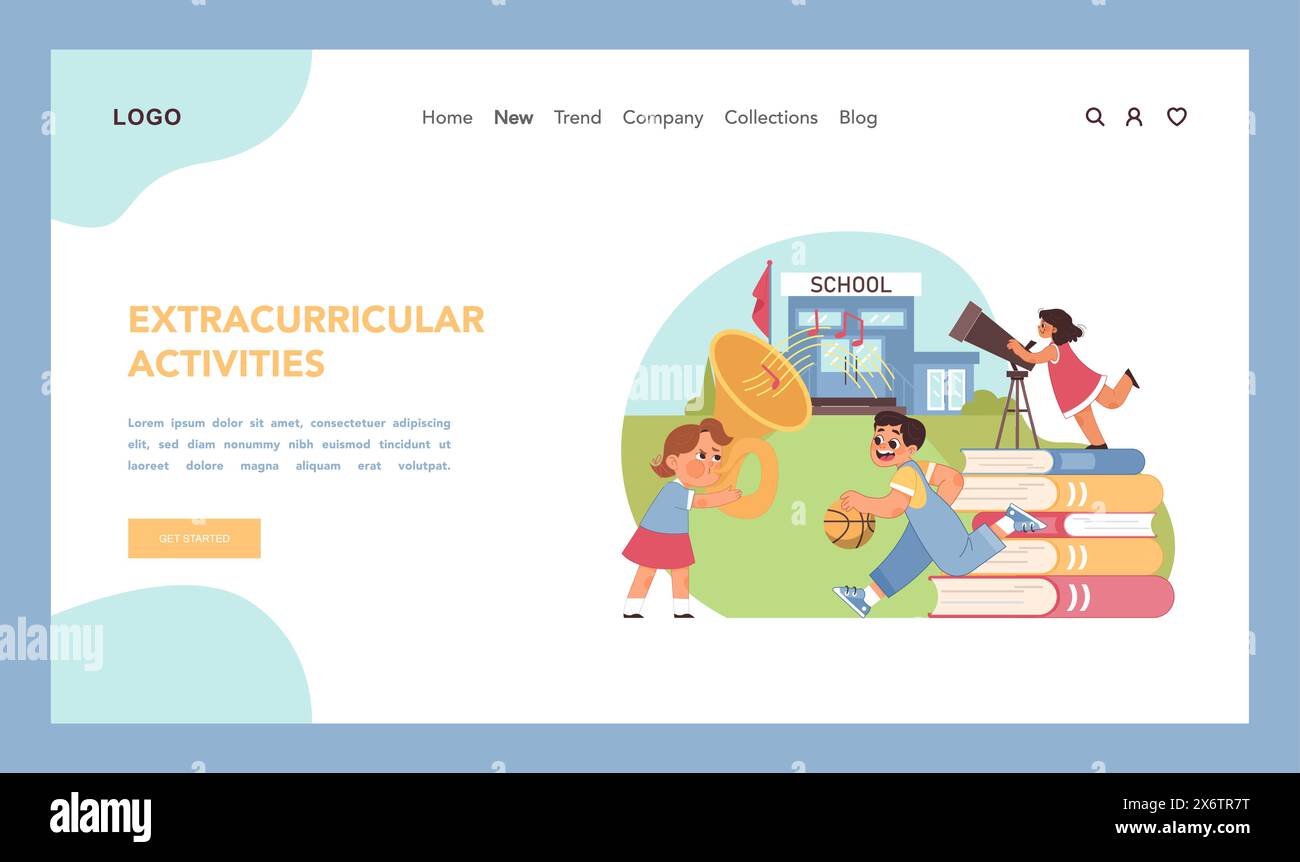 Lernabenteuer. Kinder, die außerschulische Aktivitäten ausüben, von Musik über Sport bis hin zu Astronomie, außerhalb der lebendigen Schulumgebung. Umfassende Entwicklung von Kindern. Illustration des flachen Vektors Stock Vektor