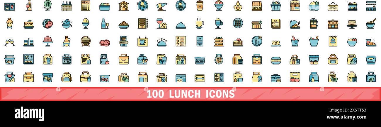100 Symbole zum Mittagessen eingestellt. Farblinie Satz von Mittagsvektorsymbolen dünne Linie Farbe flach auf weiß Stock Vektor