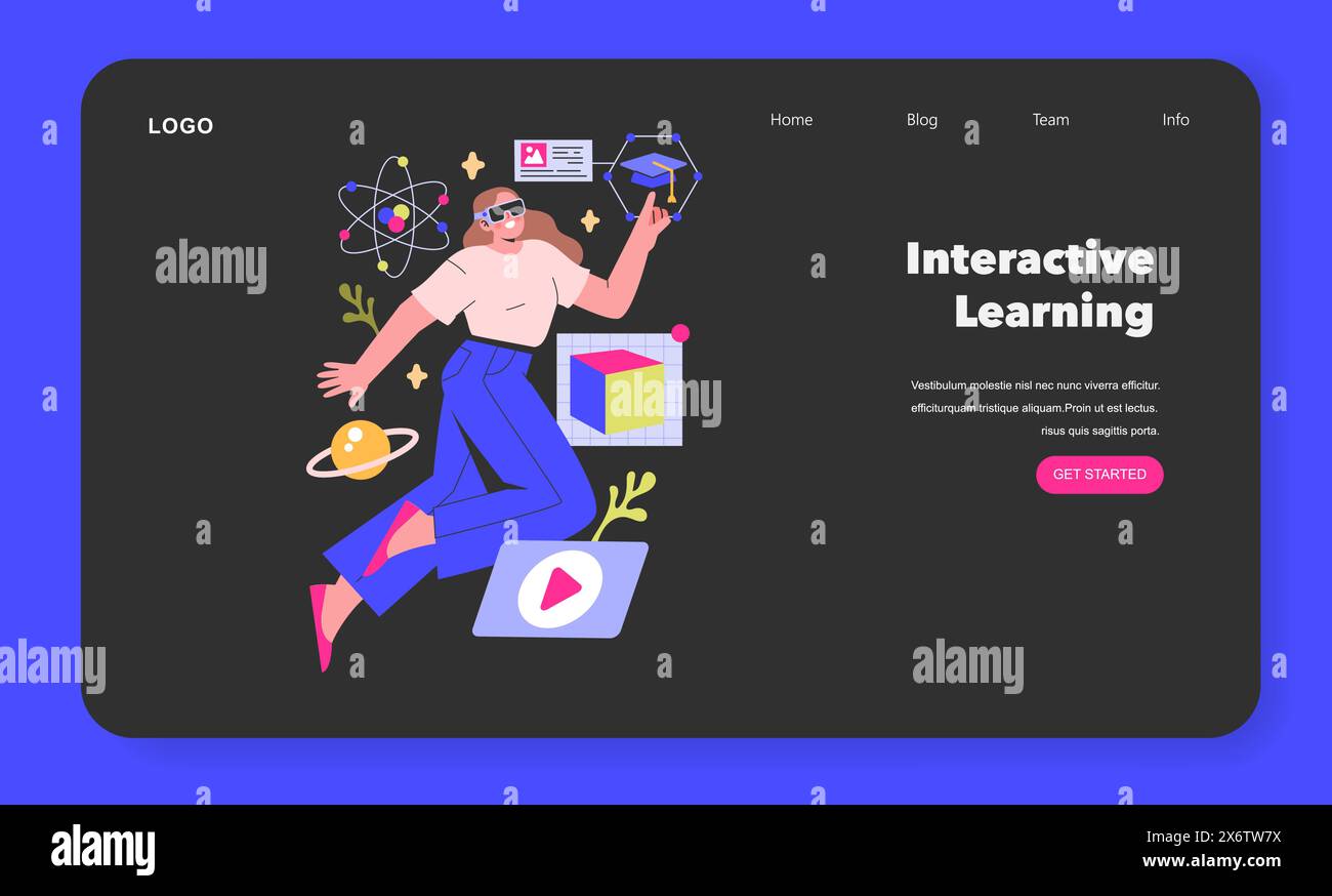 Interaktives Lernkonzept ein animierter Schüler nutzt Virtual Reality, um immersive Lernsimulationen, Brückentechnologie und praktisches Lernen zu erleben Vektor-Illustration Stock Vektor