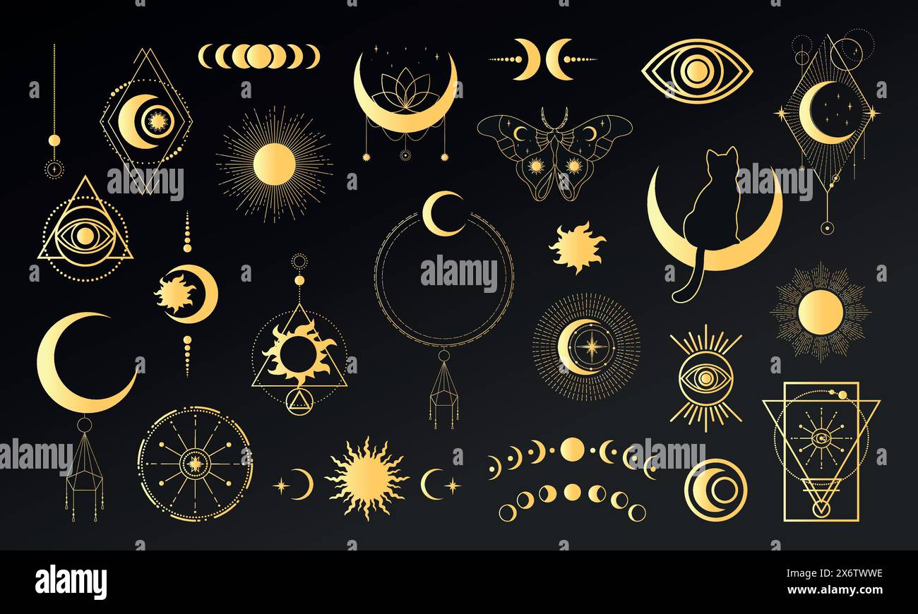 Große Auswahl an goldenen himmlischen magischen und astrologischen Symbolen. Himmlische Weltraumembleme. Vektorabbildung Stock Vektor