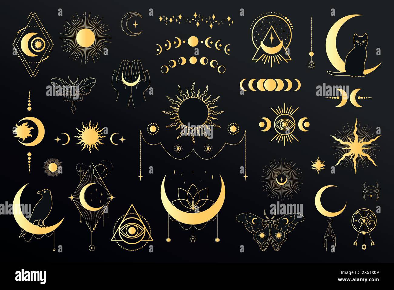Große Auswahl an goldenen himmlischen magischen und astrologischen Symbolen. Himmlische Weltraumembleme. Raumelemente. Vektorabbildung Stock Vektor