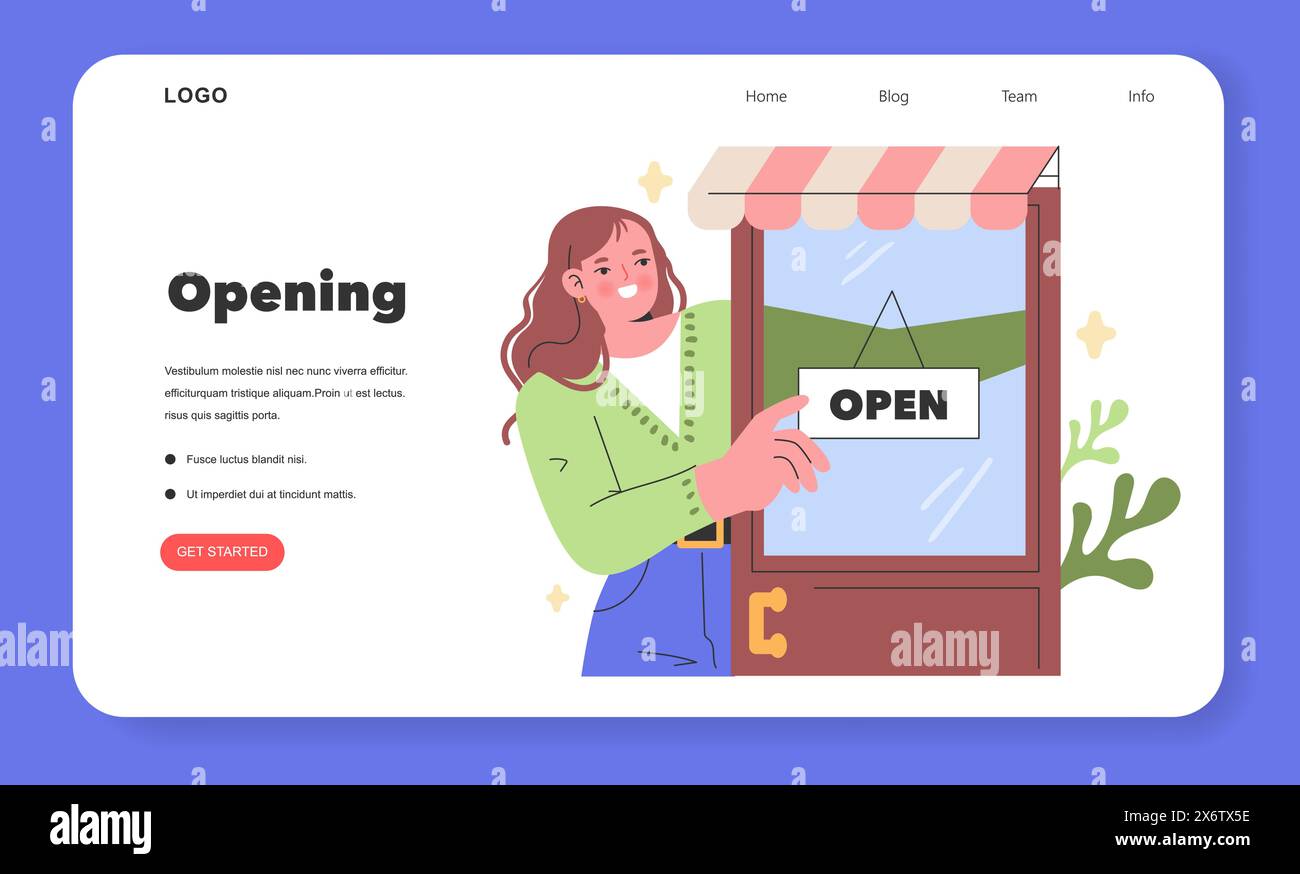 Grand Opening Joy Ein stolzer Ladenbesitzer dreht das offene Schild um und ist bereit, die ersten Kunden in einem neuen Projekt zu begrüßen – Ein Meilenstein-Moment, der im fröhlichen Vektorstil festgehalten wird Stock Vektor