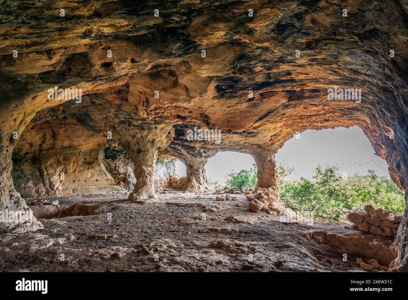 SA Cova des Voltor, (Geierhöhle), historischer Sandsteinbruch, Petra, Mallorca, Balearen, Spanien. Stockfoto