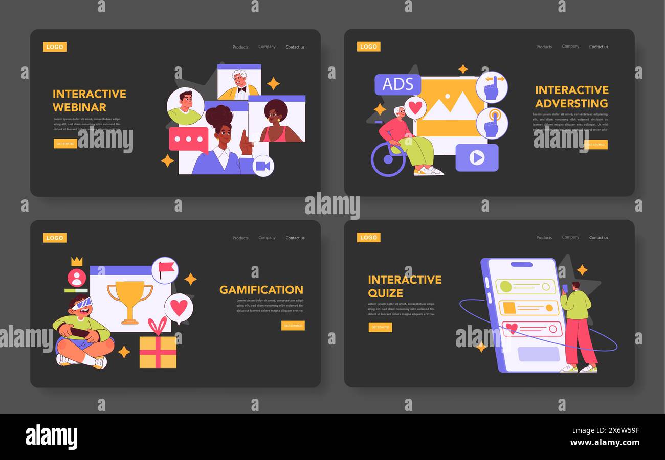 Interaktives Engagement. Zeigt verschiedene Methoden zur Förderung der Interaktion mit dem Publikum. Teilnahme an Webinaren, spielerische Gamification und aktive Werbung. Vektorabbildung. Stock Vektor