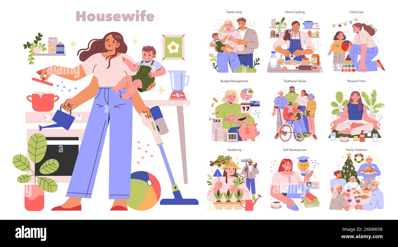 Hausfrauen-Set. Alltagsaktivitäten und Familienrollen einer Hausfrau. Kochen, Reinigen, Kinderbetreuung, Budgetieren und Freizeit. Vektorabbildung. Stock Vektor