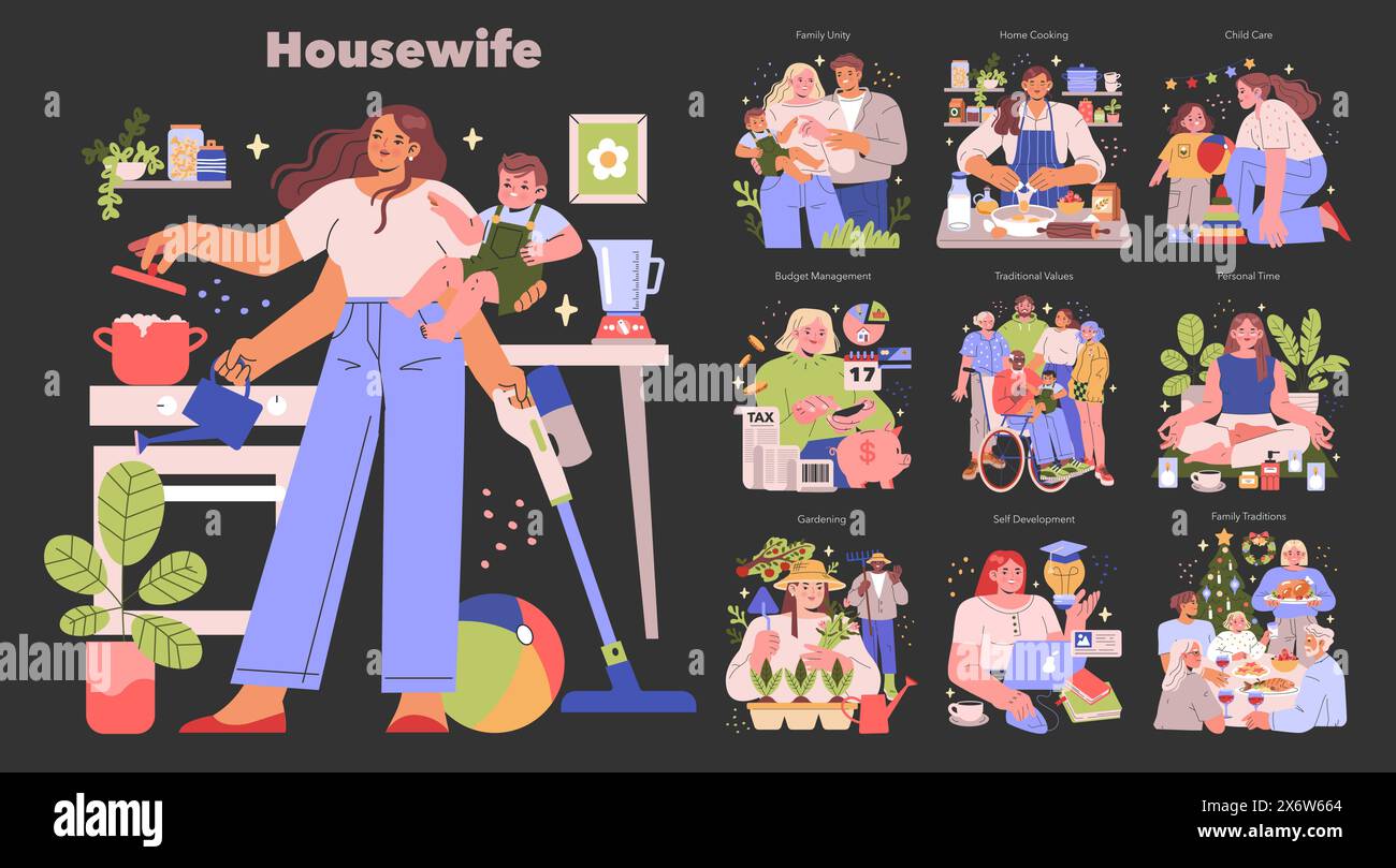 Hausfrauen-Set. Multitasking tägliche Aktivitäten und Familienbetreuung. Illustration zum Kochen, Reinigen, Budgetieren und Freizeit. Vektorabbildung. Stock Vektor