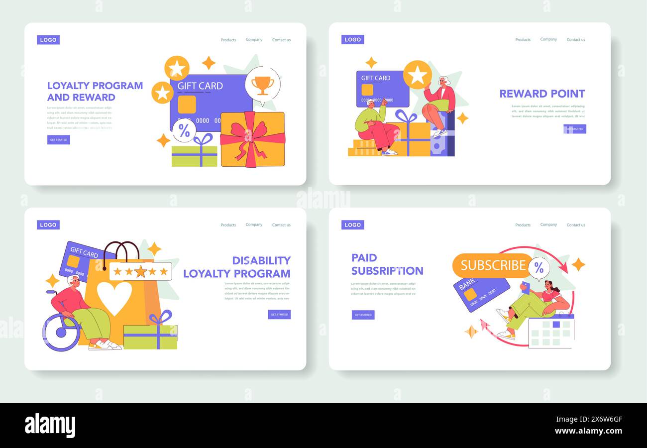 Symbole für Treueprogramm festgelegt. Prämienstrategien für Kunden und Vorteile für Programmteilnehmer werden mit inklusiven Designs hervorgehoben. Abonnement, Geschenkgutscheine und Bonuspunkte. Vektorabbildung. Stock Vektor