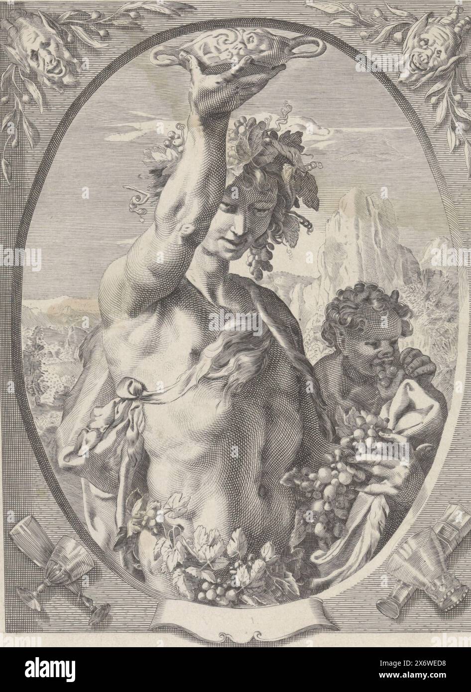 Bacchus, Bacchus als Gott des Weines, mit Weinkelch und Trauben. In ovalem Zierrahmen., Druck, Druckerei: Edouard Taurel, nach Druck von: Jan Saenredam, nach Design von: Hendrick Goltzius, 1832 - 1880, Papier, Gravur, Radierung, Höhe, 351 mm x Breite, 280 mm Stockfoto