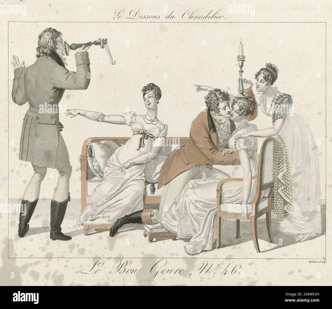 Le Bon Genre, Nr. 46: Le Dessous du Chandelier, Druckerei: Georges Jacques Gatine (erwähnt auf dem Objekt), Verlag: Pierre de la Mésangère, 1812, Papier Stockfoto