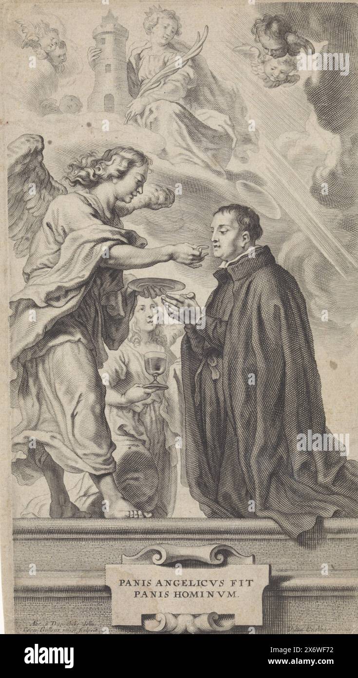 Kommunion des Heiligen Stanislaus Kostka mit einem Engel, ein Engel gibt dem Heiligen Stanislaus Kostka eine Gastgeberin, während ein anderer Engel einen Kelch hält, die Heilige Barbara in den Wolken beobachtet. In einer Kartusche unter dem Druck die lateinische Unterschrift "Panis Angelicvs fit Panis Hominvm"., Druck, Druckerei: Cornelis Galle (II), (erwähnt auf Objekt), nach Entwurf: Abraham van Diepenbeeck, (erwähnt auf Objekt), Verlag: Maria Cnobbaert, (erwähnt auf Objekt), Antwerpen, 1625 - 1678, Papier, Gravur, Höhe, 250 mm x Breite, 150 mm Stockfoto