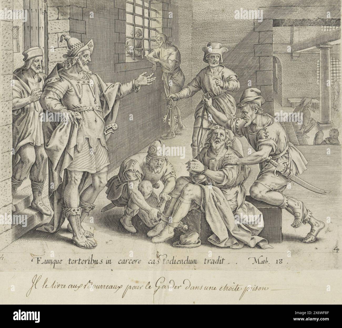 Unbarmherziger Diener ins Gefängnis gebracht, unbarmherziger Sklave ins Gefängnis gebracht, Gleichnis vom unbarmherzigen Sklaven (Titel der Serie), Gleichnis vom unbarmherzigen Sklaven (früherer Titel der Serie), Thesaurus sacrarum historiarum veteris testamenti (...) (Titel der Serie), der unbarmherzige Diener wird auf Befehl seines Herrn im Gefängnis eingesperrt, der an der Tür steht. Ein Soldat fesselt seine Füße. Unterhalb der Szene ist ein lateinischer Hinweis auf den Bibeltext in Matt. 18., Druck, Druckerei: Anonym, Verlag: Gerard de Jode, Antwerpen, 1585, Papier, Gravur, Höhe, 197 mm x Breite, 247 mm Stockfoto